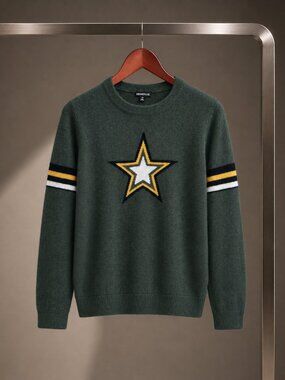 Minnie Rose 100% Cashmere Star Varsity Sweater Hunter Green Intarsia Crewneck XS